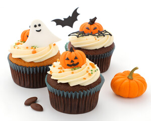 Halloween Cupcakes Decorated with Ghosts, Bats, and Pumpkins Isolated on White Background,Spooky Halloween Cupcake Collection with Festive Toppings in Cartoon Style