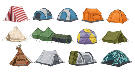 A collection of various types of tents in different shapes colors and designs for camping and outdoor use