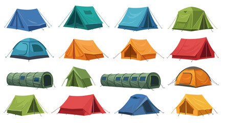 A colorful assortment of tents in various shapes and sizes displayed on a white background in rows and columns