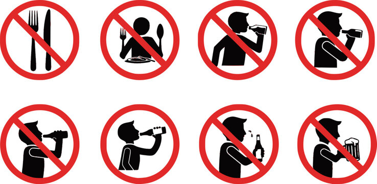classic simple various no food eating or drinks drinking alcohol allowed prohibited in red circle signs set vector on transparent background
