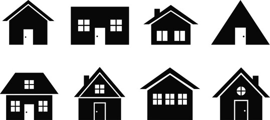 Vector house icons collection, home silhouette design, real estate symbols, residential building graphics, modern houses, simple roof illustrations, property and shelter images