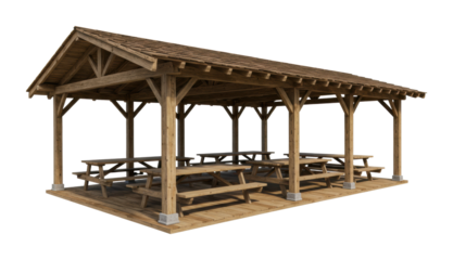 Outdoor wooden pavilion structure with picnic tables for gatherings park architecture natural setting side community spaces isolated PNG