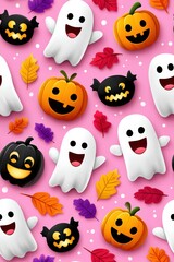 Fototapeta premium Colorful Halloween Pattern with Ghosts, Pumpkins and Leaves