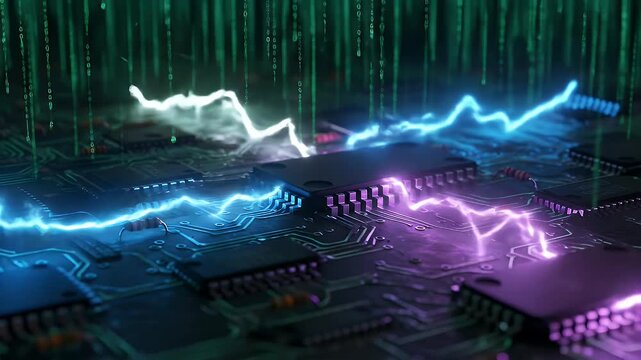 Electronic Circuit Board with Lightning and Binary Code Data Flow and Processing.