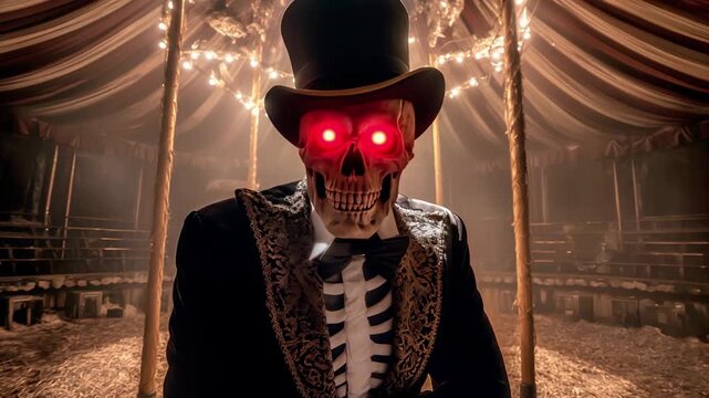 Skeletal man in Victorian ringmaster costume inside circus tent. Static camera. 4K.
