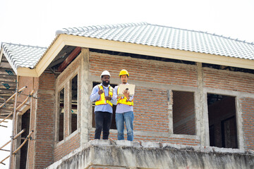Engineering inspect construction site : construction worker Architects and contractor working together inside building under construction site. Engineering in safety harthat helmet. Engineering team
