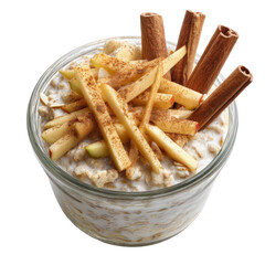 Delicious oatmeal bowl with cinnamon sticks, apple slices, and toasted bread strips isolated on transparent background