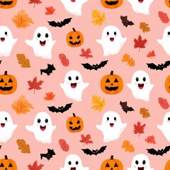 Fototapeta premium Cute Halloween Pattern with Ghosts, Pumpkins, Bats, and Leaves