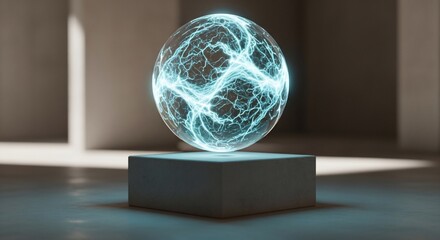 Ethereal Energy Orb A mesmerizing levitating sphere of cyan energy pulses within a minimalist subtly lit concrete cube creating a futuristic contemplative mood.