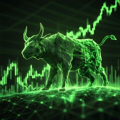 Obraz premium Financial trading concept with bull icon and green stock price movements depicting stock market growth