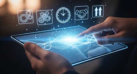 Futuristic Tablet Interface with Glowing Icons Digital Touch Technology Concept.