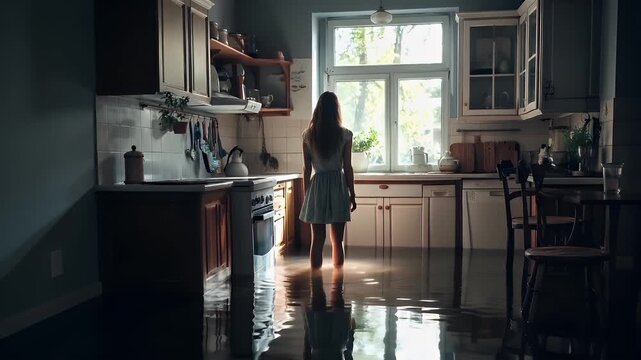 A woman stands in a flooded kitchen, her back to the viewer, gazing out of a window. The room is filled with a sense of solitude and reflection.