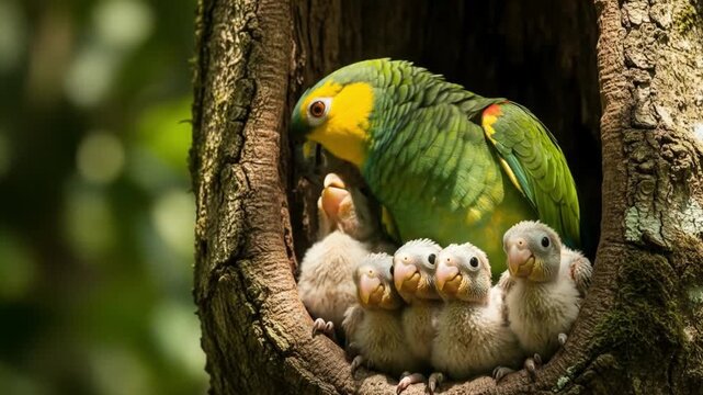 A Blue-Headed Parrot and Her Babies in a Nest