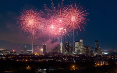Night City Skyline with Fireworks and Glowing Lights. High quality