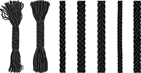 Vector rope and braid illustration set, detailed black silhouettes, twisted cord design, nautical theme, hand-drawn texture, editable vector art, craft supplies icon