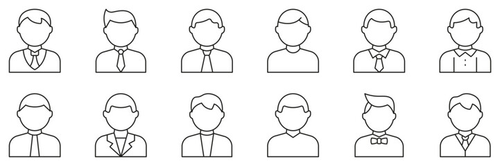 Fototapeta premium Male Business Avatars Line Icon Set. Man in Suit and Tie User Icons with Different Hairstyles and Outfits Outline Symbol Collection. Editable Stroke. Isolated Vector Illustration