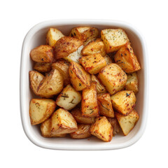 Delicious roasted potatoes in a white bowl isolated on transparent background