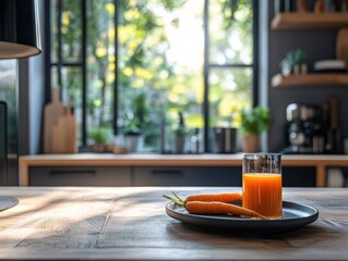 A juice from carrot laid on the kitchen table.