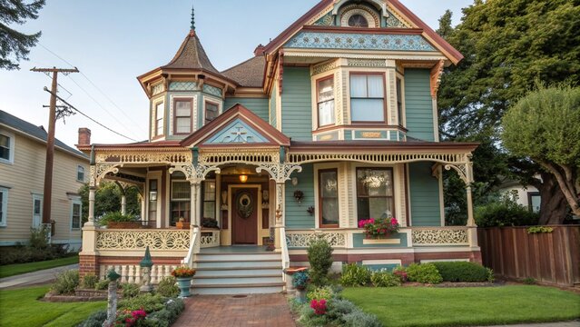 ornate exterior of a beautifully restored Victorian house painted in three or more complementary colors. Highlights intricate gingerbread trim, a welcoming front porch, and a small, manicured garden.