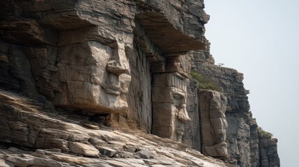 Eroded Stone Carvings of Deities on Majestic Cliffs
