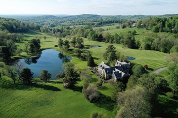 Panoramic view of countryside estate with manor, rolling hills, ponds, and gardens