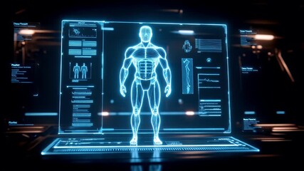 Futuristic digital 3D hologram. A hightech, futuristic interface with a human figure on a digital screen. The human figure is illuminated in a blue hue.