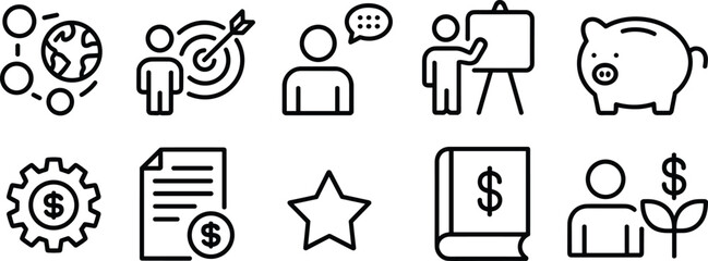 Flat vector illustration, business icons, financial management, global connection, communication, target success, piggy bank savings, investment growth, education training, money concept