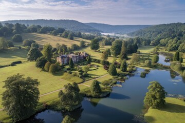 Panoramic view of countryside estate with manor, rolling hills, ponds, and gardens