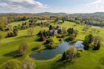 Panoramic view of countryside estate with manor, rolling hills, ponds, and gardens