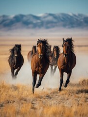 Wild horses running across grassland with windblown manes under clear blue sky