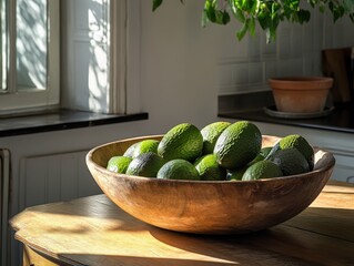A lots go avocados in the wooden bowl.