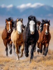 Wild horses running across grassland with windblown manes under clear blue sky