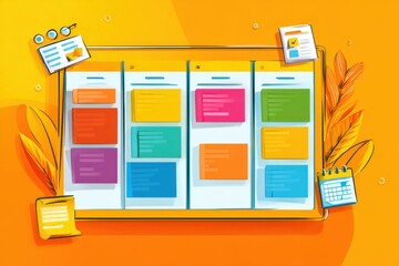Agile explainer with Kanban board and Scrum icons in flat or 3D cartoon style
