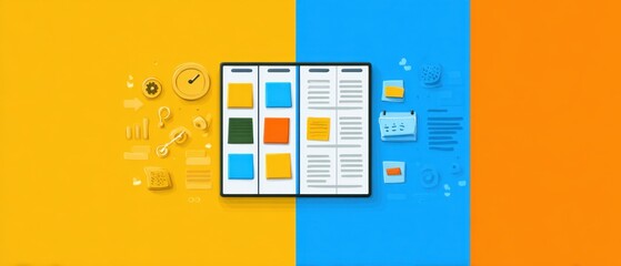 Agile explainer with Kanban board and Scrum icons in flat or 3D cartoon style