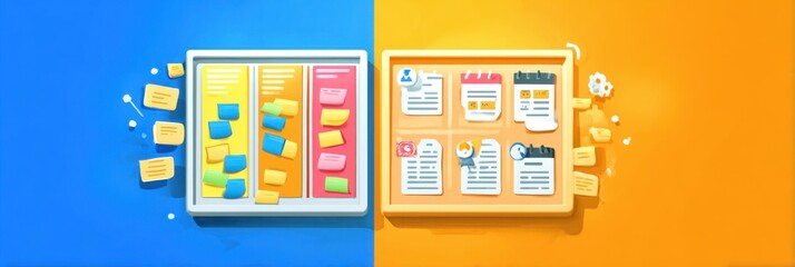 Agile explainer with Kanban board and Scrum icons in flat or 3D cartoon style