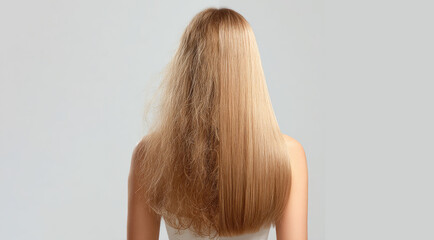 Fototapeta premium Damaged, frizzy hair next to smooth, healthy hair, showing happy hair care transformation