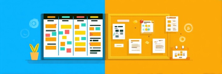 Agile explainer with Kanban board and Scrum icons in flat or 3D cartoon style