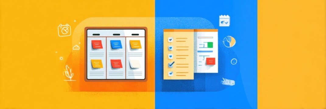 Agile explainer with Kanban board and Scrum icons in flat or 3D cartoon style