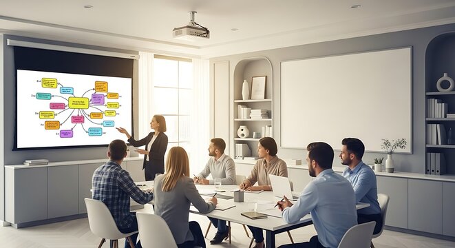 A businesswoman presents a colorful mind map on a large screen to her colleagues during a corporate meeting in a modern office.
