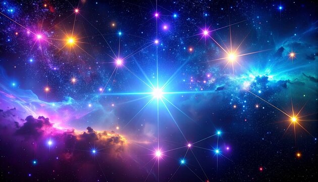 Futuristic night sky filled with holographic constellations and bright neon starbursts