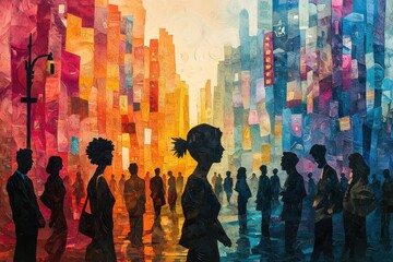 Paper cut illustration of a lively city street with diverse people in layered silhouettes