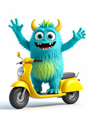 Naklejka premium Halloween monster riding a scooter festive street digital art colorful environment playful viewpoint fun concept