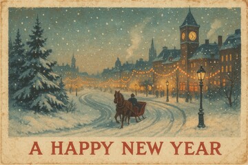 Antique winter town vintage happy new year card with snowy street and people in soft holiday palette