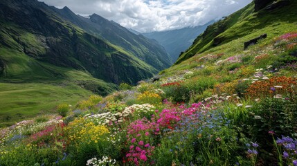 Colorful Wildflowers Blooming on Mountain Slope Under Cloudy Sky