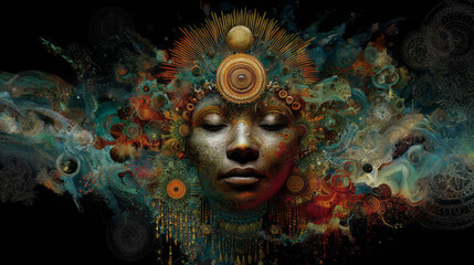 Meditating goddess face radiates spiritual serenity amidst vibrant psychedelic design