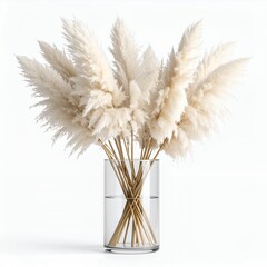Elegant pampas grass arrangement in transparent vase, a chic minimal interior decor element on white background