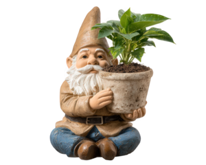 Garden gnome statue holding flower pot with green plant whimsical decor cheerful expression white beard pointed hat blue pants sitting pose isolated on white