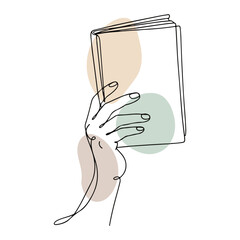 Single line drawing of a hand holding an open book with abstract pastel shapes reading literature