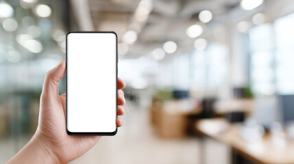User hand holding smartphone displaying empty screen within modern office setting