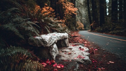 Autumn Forest Path With Stone Bench